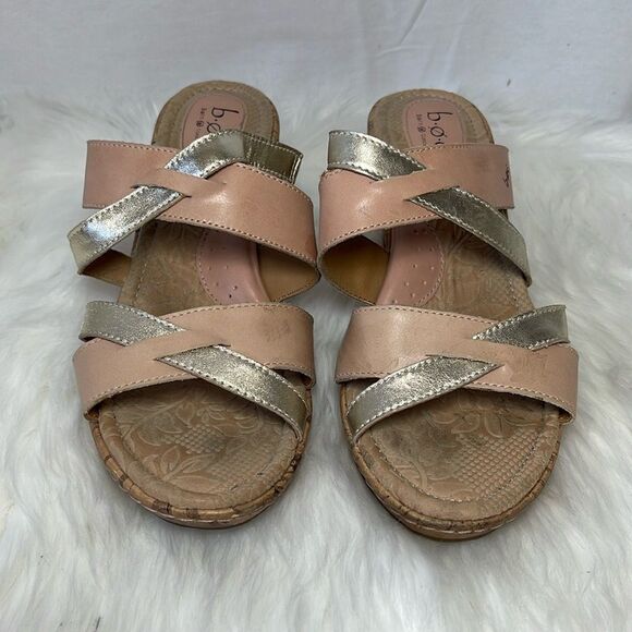 Born BOC Blush/Metallic Leather Strappy Cork Wedge Slides Mules Sz 9 - Picture 2 of 8